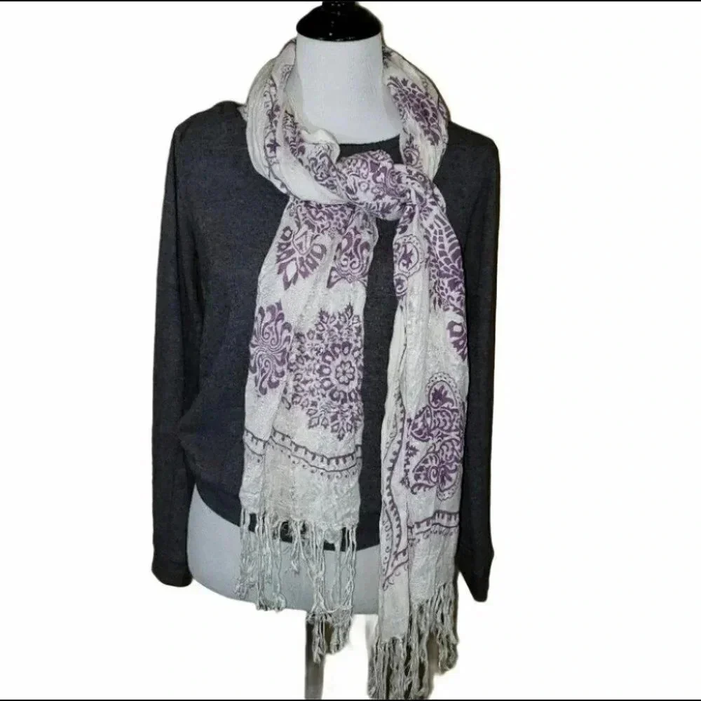 Boho purple/white scarf/wrap with fringe‎